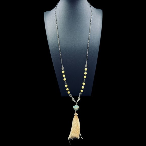 Boho Gypsy Cross Pendant Necklace Turquoise Tassel Long Beaded Chain Vintage - Picture 3 of 9